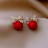 Stetnode New Style Temperament Red Color Christmas Bow Stud Earrings for Women Rhinestone Bowknot Red Ball Earring Girls Party Jewelry