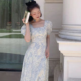 Stetnode French Vintage Floral Dress Women Square Collar Design Slim Party Dress Female Chiffon Puff Sleeve Wedding Party Midi Dress 2024