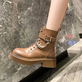 Stetnode 2024 Martern Boots Women Platform Shoes Pu Leather Women's Ankle Boots Sexy Metal Chain Square Heel Booties Woman Wedge Boot