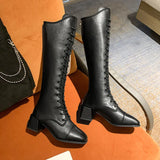 Stetnode INS Fashion Women Black Block High Heels Long Boots New Winter Warm Knee High Boots Soft Leather Tight Ankle Boots Shoes