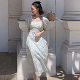 Stetnode French Vintage Floral Dress Women Square Collar Design Slim Party Dress Female Chiffon Puff Sleeve Wedding Party Midi Dress 2024