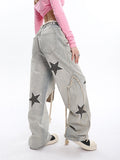 Stetnode back to school spring outfit Twinkle Stars Patchwork Denim Long Jeans Pants