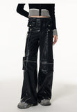Stetnode back to school spring outfit Shirley Solid Color Black Faux Leather Multi Pocket Zipper Straight Leg Pants