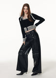 Stetnode back to school spring outfit Shirley Solid Color Black Faux Leather Multi Pocket Zipper Straight Leg Pants