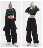 Stetnode back to school spring outfit Neveah Solid Color Black Straight Leg High Waist Multi-Pocket Parachute Cargo Pants