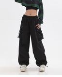 Stetnode back to school spring outfit Neveah Solid Color Black Straight Leg High Waist Multi-Pocket Parachute Cargo Pants