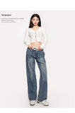 Stetnode back to school spring outfit Zhou Vintage Denim Blue Wide-leg High Waist Lapel Fold Straight Leg Jeans Pants