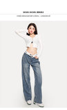 Stetnode back to school spring outfit Zhou Vintage Denim Blue Wide-leg High Waist Lapel Fold Straight Leg Jeans Pants