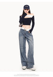 Stetnode back to school spring outfit Zhou Vintage Denim Blue Wide-leg High Waist Lapel Fold Straight Leg Jeans Pants