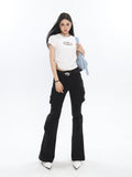 Stetnode back to school spring outfit Lorielle Solid Color Black Slim Skinny Multi-Pocket Micro Flared Pants