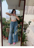 Stetnode back to school spring outfit Stacey Denim Blue Ripped High Waist Loose Flared Jeans Pants