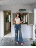 Stetnode back to school spring outfit Stacey Denim Blue Ripped High Waist Loose Flared Jeans Pants