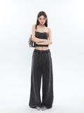 Stetnode back to school spring outfit Mina Vintage Grey Denim Bandeau Top + Straight Wide Leg Jeans Pants Matching Set