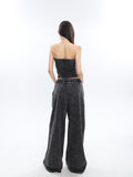 Stetnode back to school spring outfit Mina Vintage Grey Denim Bandeau Top + Straight Wide Leg Jeans Pants Matching Set