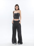 Stetnode back to school spring outfit Mina Vintage Grey Denim Bandeau Top + Straight Wide Leg Jeans Pants Matching Set