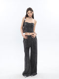 Stetnode back to school spring outfit Mina Vintage Grey Denim Bandeau Top + Straight Wide Leg Jeans Pants Matching Set