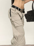 Stetnode back to school spring outfit Cassy Solid Color Irregular Shaped Cut Out Design Wide Leg Zipper Cargo Pants