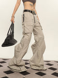 Stetnode back to school spring outfit Cassy Solid Color Irregular Shaped Cut Out Design Wide Leg Zipper Cargo Pants