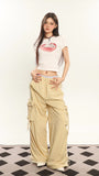 Stetnode back to school spring outfit Tania Solid Color White Side Stripes Multi-Pocket High Waist Straight Wide Leg Baggy Cargo Pants