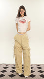 Stetnode back to school spring outfit Tania Solid Color White Side Stripes Multi-Pocket High Waist Straight Wide Leg Baggy Cargo Pants