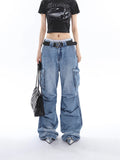 Stetnode back to school spring outfit Ferio Denim Blue Low Rise Straight Leg Pleated Stacked Multi-Pocket Cargo Jeans Pants