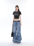 Stetnode back to school spring outfit Ferio Denim Blue Low Rise Straight Leg Pleated Stacked Multi-Pocket Cargo Jeans Pants