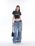 Stetnode back to school spring outfit Ferio Denim Blue Low Rise Straight Leg Pleated Stacked Multi-Pocket Cargo Jeans Pants