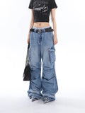 Stetnode back to school spring outfit Ferio Denim Blue Low Rise Straight Leg Pleated Stacked Multi-Pocket Cargo Jeans Pants