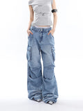 Stetnode back to school spring outfit Ferio Denim Blue Low Rise Straight Leg Pleated Stacked Multi-Pocket Cargo Jeans Pants