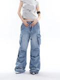 Stetnode back to school spring outfit Ferio Denim Blue Low Rise Straight Leg Pleated Stacked Multi-Pocket Cargo Jeans Pants