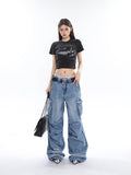 Stetnode back to school spring outfit Ferio Denim Blue Low Rise Straight Leg Pleated Stacked Multi-Pocket Cargo Jeans Pants