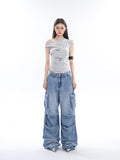 Stetnode back to school spring outfit Ferio Denim Blue Low Rise Straight Leg Pleated Stacked Multi-Pocket Cargo Jeans Pants