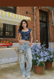 Stetnode back to school spring outfit Benet Denim Retro Low-Rise Patchwork Frayed Micro Flare Jeans Pants