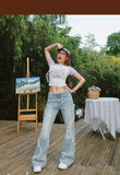 Stetnode back to school spring outfit Benet Denim Retro Low-Rise Patchwork Frayed Micro Flare Jeans Pants