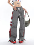 Stetnode back to school spring outfit Polly Solid Color White & Red Side Striped Retro High Waist Straight Leg Baggy Cargo Pants