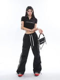 Stetnode back to school spring outfit Polly Solid Color White & Red Side Striped Retro High Waist Straight Leg Baggy Cargo Pants