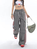 Stetnode back to school spring outfit Polly Solid Color White & Red Side Striped Retro High Waist Straight Leg Baggy Cargo Pants