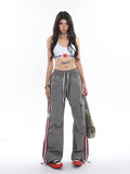 Stetnode back to school spring outfit Polly Solid Color White & Red Side Striped Retro High Waist Straight Leg Baggy Cargo Pants