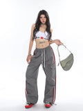 Stetnode back to school spring outfit Polly Solid Color White & Red Side Striped Retro High Waist Straight Leg Baggy Cargo Pants