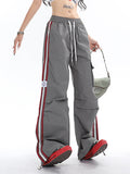 Stetnode back to school spring outfit Polly Solid Color White & Red Side Striped Retro High Waist Straight Leg Baggy Cargo Pants