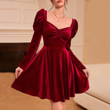 leapord halloween outfit 2024 International Station Women's French Style Wine Red Dress Autumn and Winter High Waist Velvet Midi Dress