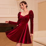 leapord halloween outfit 2024 International Station Women's French Style Wine Red Dress Autumn and Winter High Waist Velvet Midi Dress