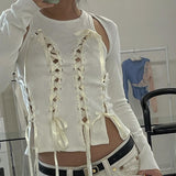 concert outfit ideas Spring Fashion round Neck Hollow-out Cross Lace-up Bow Short Sleeveless Vest