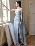 outfit Blue Evening Dress for Women 2024 New French Tube Top Engagement Dress Dinner Bridal Morning Gown