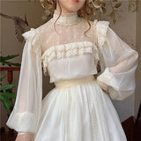 cybergoth dress to impress Chiffon Dress Butterfly Bone Creamy-white Vintage Yarn Lace Stand Collar Fairy Heavy Industry Big Swing Chanel Style Princess