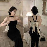 dress Black Halter Dress Summer Hot Girl Skirt Sexy Bow Small Slim-Fit Sheath Split Skirt