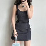 Stetnode back to school Backless Denim Stitch Sundress ~