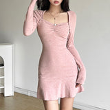 Stetnode android vs cyberborg dress to impress Style 2024 Autumn and Winter New Women's Clothing Fresh Sweet Square Collar Slim Ruffled Dress