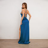 prom dresses Long Dress Solid Color Fishbone Sling Front Slit Backless Lace-up Dress