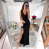 prom dresses Women's Solid Color Sexy Slim V-neck Sleeveless Split Dress